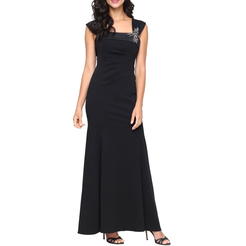 Alex Evenings Black Embellished Mermaid Gown Pleat Side Crepe Satin Size 12